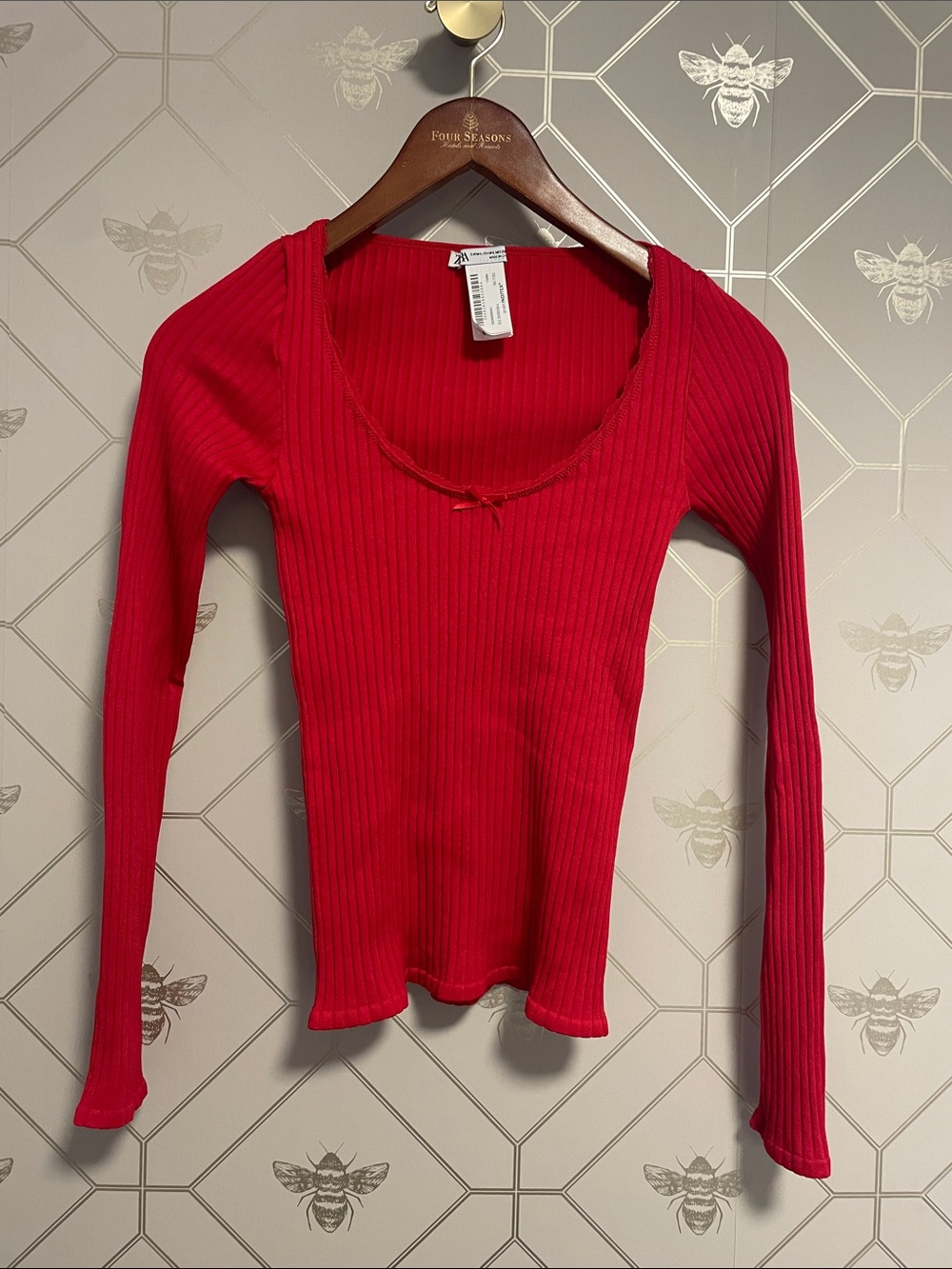 Zara Red Ribbed Scoop-Neck Long Sleeve Top with Bow